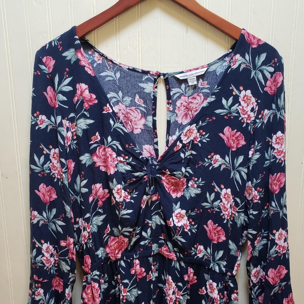 American Eagle Outfitters Romper Womens Medium Blue Floral Long Sleeve V Neck